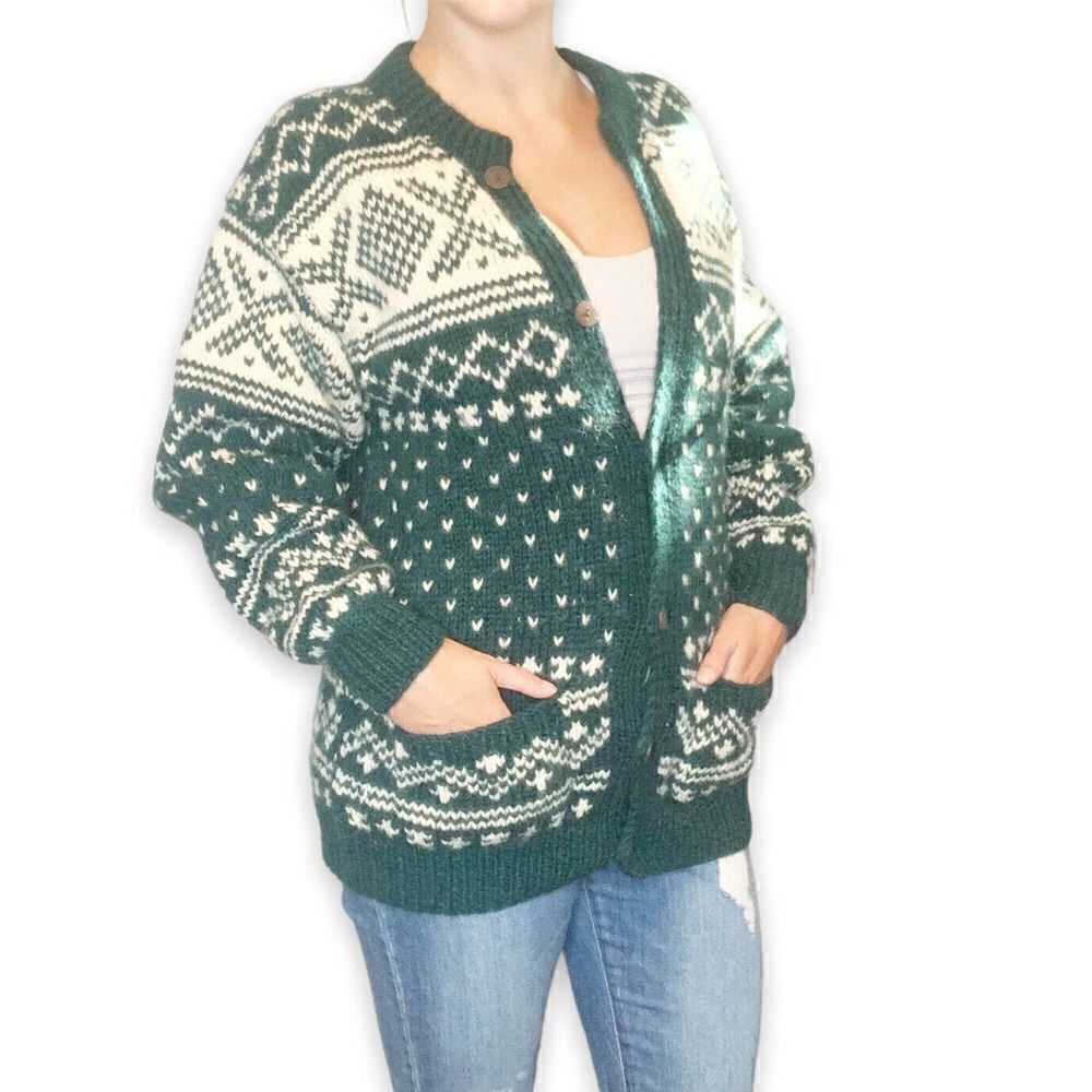 Vintage Joseph Anthony Collection Handknitted Wool Cardigan Sweater Green Cream